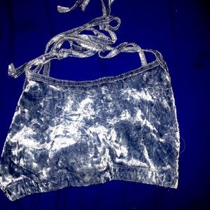 Tiny tie up shirt metallic grayish light blue green.